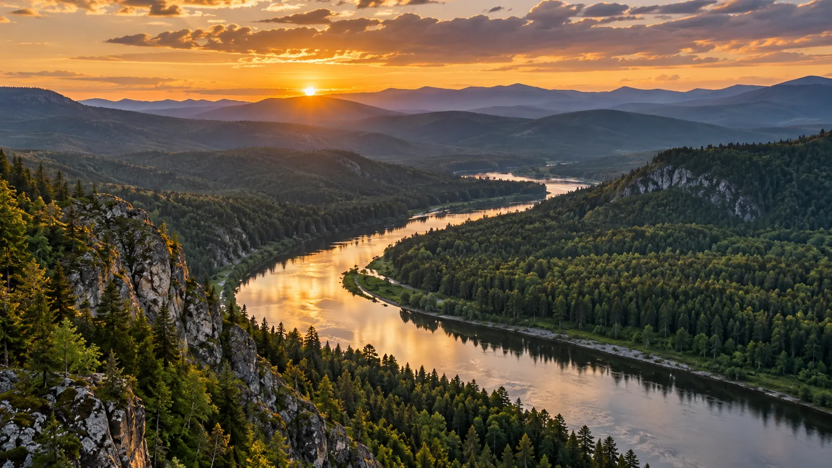 Река среди лесистых гор в лучах закатного солнца